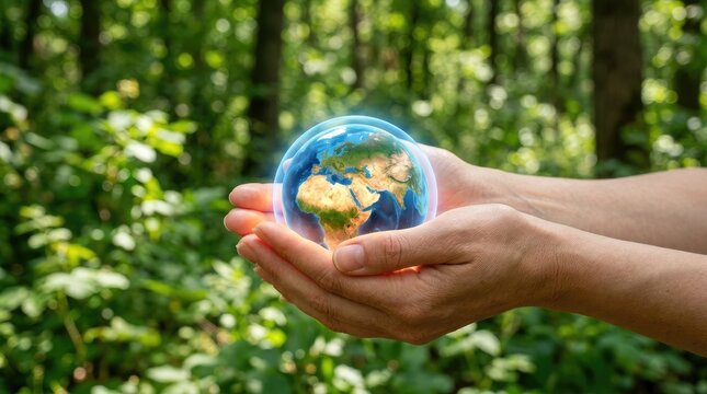 Cupped hands holding a glowing glass globe showing Europe and Africa in a green forest for ozone layer protection