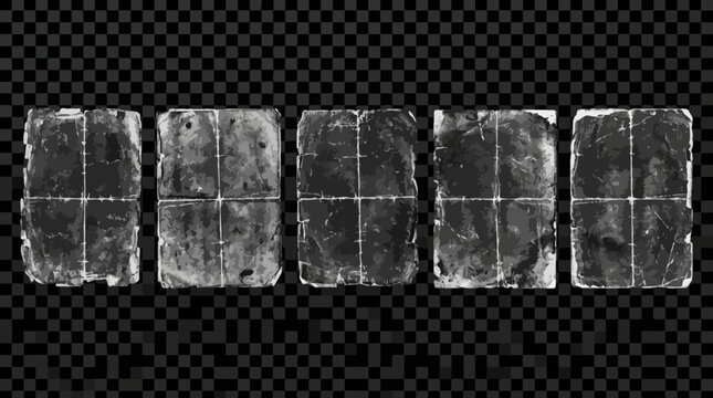 Grunge, distressed, metal plate icons, set of 6, industrial, vintage style, gray isolated on White Background flat vector eps silhouette