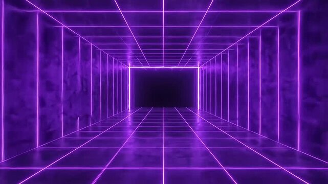 A futuristic corridor illuminated by glowing purple neon grid lines