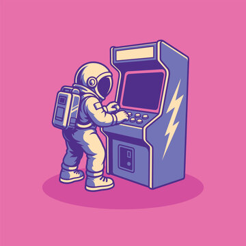 Astronaut Playing Retro Arcade Machine Cartoon Vector Illustration