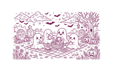 Fototapeta premium Halloween ghost picnic silhouette spooky cute illustration for seasonal designs