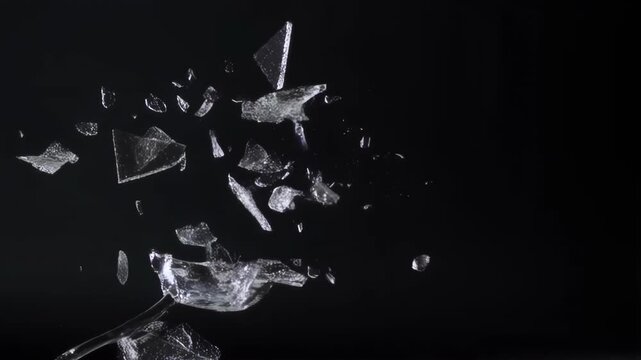 Slow motion shot of a wine glass shattering with cracks spreading on a black background