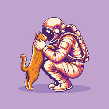 Astronaut Hugging Adorable Cat Cartoon Vector Illustration