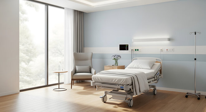 Modern hospital room interior with medical bed and comfortable armchair near a large window.