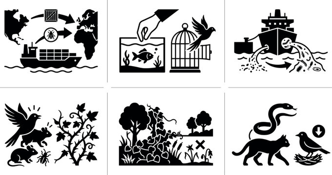 Invasive Species Transmission and Ecological Disruption Vector Icon Set Featuring Global Cargo Shipping, Exotic Pet Release, Ballast Water Discharge, and Wildlife Predation Graphics