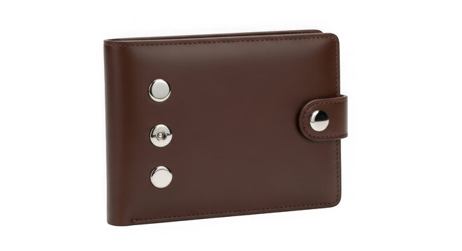 Brown leather wallet with metal studs and snap button closure isolated on transparent background
