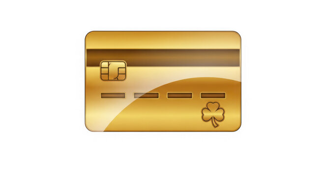 Golden credit card with clover symbol isolated on transparent background