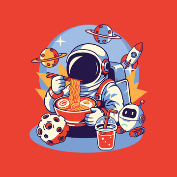Astronaut Eating Ramen with Robot and Space Planets Cartoon Vector Illustration