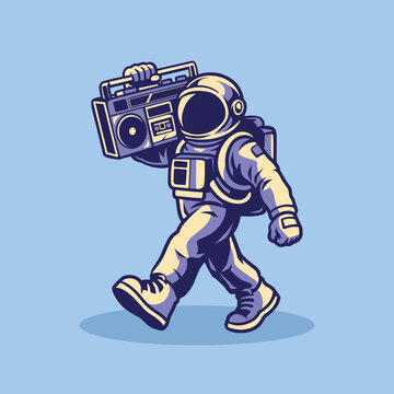 Astronaut Carrying Retro Boombox Cartoon Vector Illustration