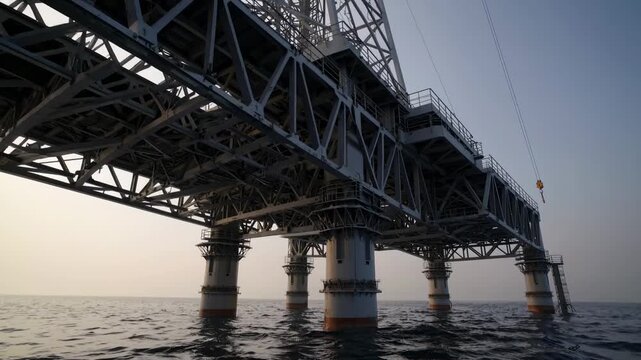 Offshore oil platform structure viewed from below, showcasing metal framework and support columns above calm ocean waters during sunset with soft lighting effects