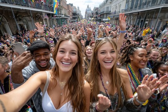 Joyful Crowd Selfie at a Vibrant Street Parade Celebration