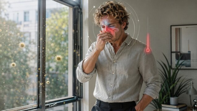 Man suffering from sinus pain and nasal congestion. Sick male touching nose with head inflammation graphic. Concept of medical symptom, allergies, viral cold or flu infection and healthcare.