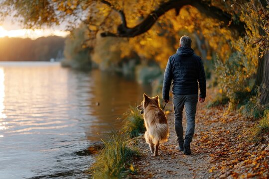 Man and Dog Walking by Lake at Sunset in Autumn