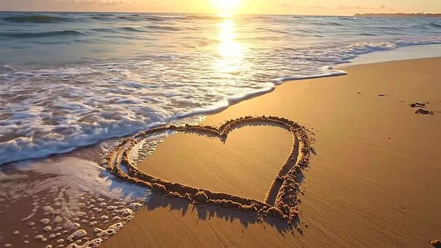 A heart shape drawn in the wet sand on a beach at sunset