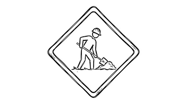 Illustration of a traffic sign with a person operating a dozer on a roundabout roadwork site