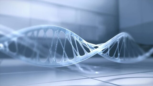 A detailed 3D illustration of DNA double helix structure on a laboratory countertop surface