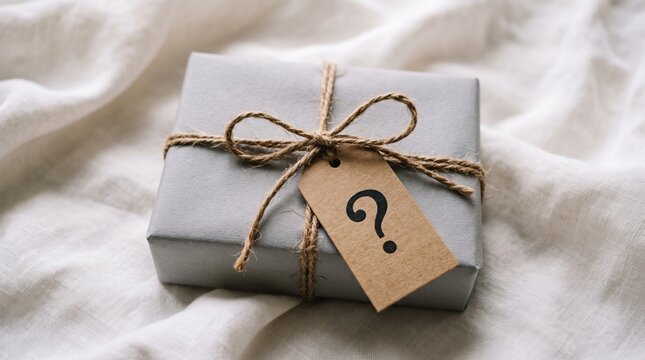 A wrapped gift box with a question mark on a rustic tag sitting on white fabric gift giving question surprise