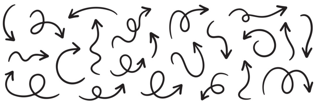 Collection of hand drawn doddle arrow set. Set of brush stroke of curly arrow collection. Sketch curved arrows design.