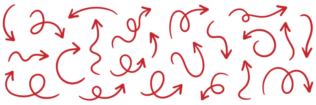 Collection of hand drawn doddle arrow set. Set of brush stroke of curly arrow collection. Sketch curved arrows design.