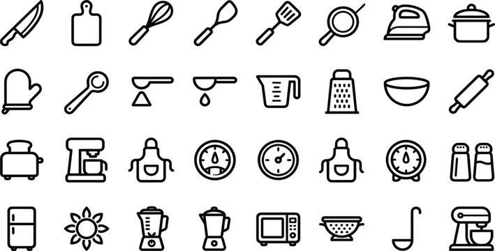 Kitchen Utensil Line Icon Set Featuring Home Cooking Tools, Culinary Equipment, Household Appliances, and Baking Accessories for Restaurant Menu Layouts and Recipe Website Designs