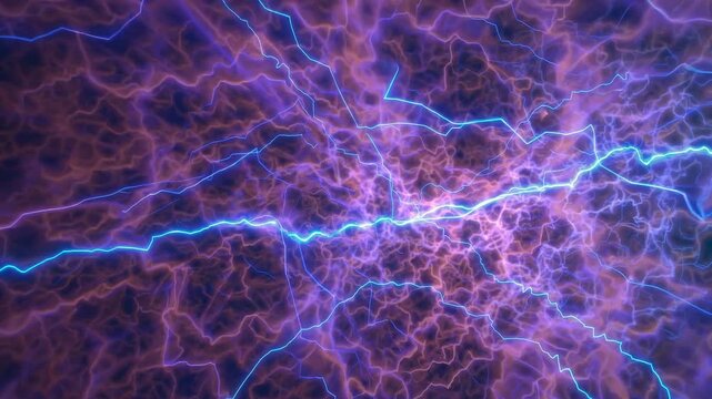 Electric blue lightning bolts surge through a vibrant purple background, creating dynamic patterns and illuminating the surrounding space in a visually striking display of energy