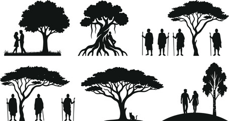 African safari landscape silhouette elements set with trees acacia people tribesmen couples and animals vector © Shukimon