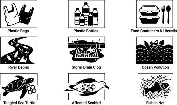 Marine Plastic Pollution and Environmental Waste Vector Icon Set Featuring Plastic Bags, Water Bottles, Food Containers, Clogged Storm Drains, and Entangled Sea Wildlife Graphics