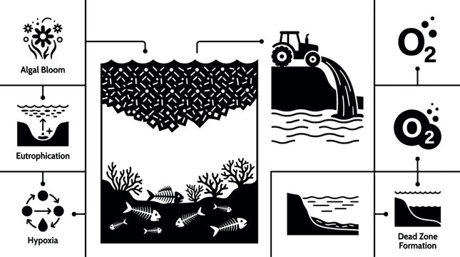 Marine Eutrophication and Agricultural Runoff Infographic Vector Icon Set Featuring Algal Bloom, Hypoxia Oxygen Depletion, Fish Skeletal Demise, and Ocean Dead Zone Formation