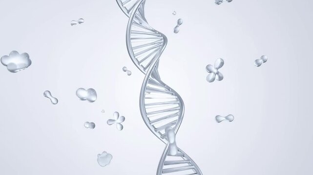 Double helix DNA structure floats amidst water droplets on a plain background