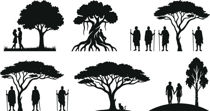 African safari landscape silhouette elements set with trees acacia people tribesmen couples and animals vector