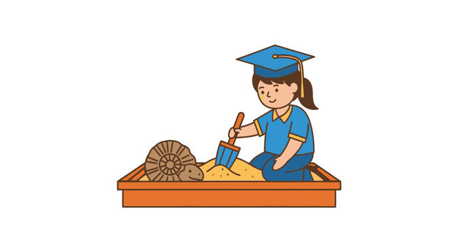Young graduate digging for fossils in educational sandbox