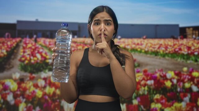 Young sporty hispanic woman holding water bottle with finger to lips for silence in building tulip field rows; hush resilience.