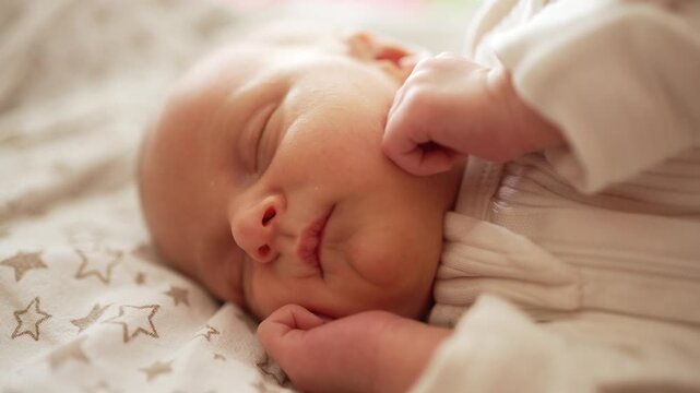 Adorable newborn infant sleeping soundly in a comfortable crib, with tiny hands near its face and making subtle, sweet facial expressions, embodying the beauty of new life and childhood
