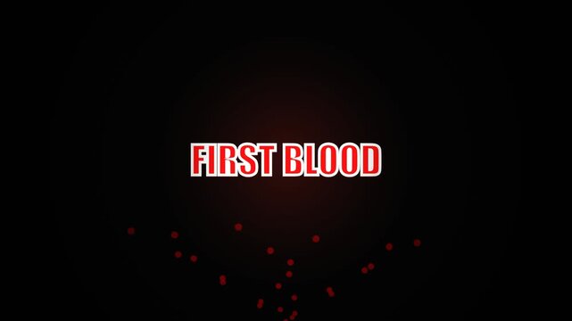 First Blood video game text animation with dark background and particles