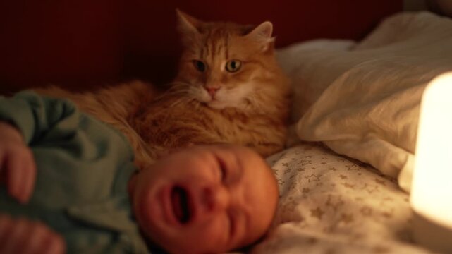 Annoyed ginger cat showing jealousy towards a crying newborn baby lying in bed, illustrating the challenges of introducing a pet to a new family member and sibling rivalry
