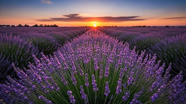A vibrant field of purple lavender flowers blooming under a golden sunset sky