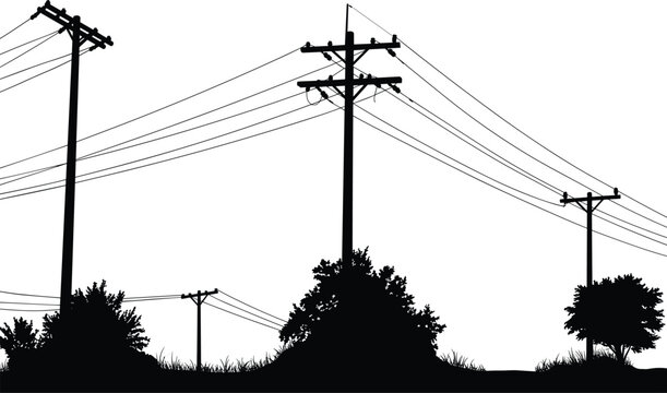 Power Line Utility Pole Silhouette Landscape with Electrical Wires and Rural Infrastructure Vector Illustration