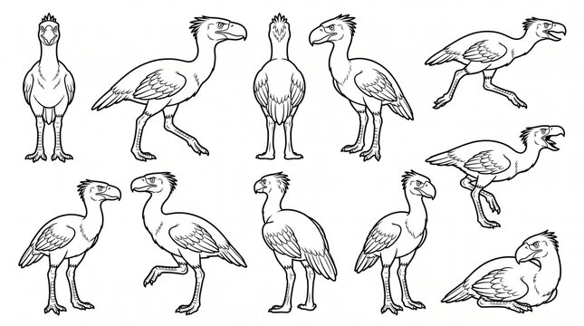 Terror Bird Phorusrhacos Character Poses Set Line Art Illustration for Coloring Book Prehistoric Extinct Animal Vector