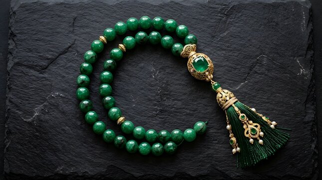 Luxury Islamic prayer beads (tasbih) with green  beads and gold tassel on  black slate background.