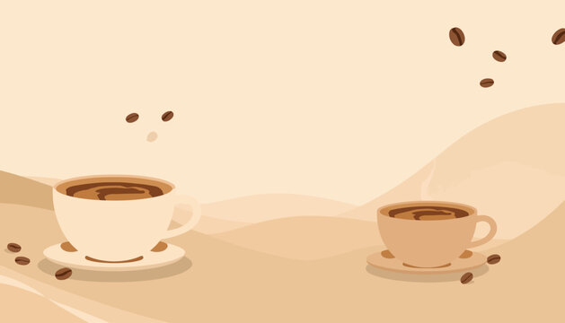 Coffee cups are arranged on a light background with scattered beans to suggest a shared break time.