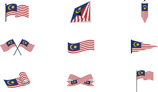 Art & IllustrationMalaysia Flag Vector Icon Set with Waving Ribbons Pennants and Crossed Flags Templates for National Day Merdeka Celebrations and Patriotic Graphic Designs
