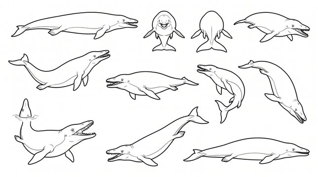 Basilosaurus Prehistoric Whale Illustration Set - Line Art for Coloring Book and Education isolated on White Background