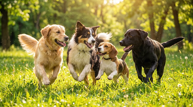 Multiple dogs playing together in sunny park, including golden retriever, border collie, beagle, and labrador retriever running on grass with joyful energy.