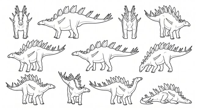 Kentrosaurus Dinosaur Outline Set, Various Poses of Prehistoric Herbivore for Coloring Book and Education Vector Illustration