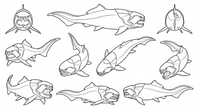 Dunkleosteus Armored Fish Set Line Art for Coloring Book, Prehistoric Placoderm Outline Vector Collection