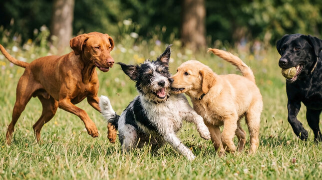 Multiple dogs playing together in the grass, happy dogs running and enjoying themselves in a sunny park. Dogs include a Labrador, a terrier, and mixed breeds engaged in playful activities.