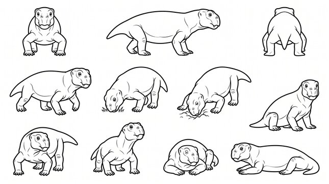 Lystrosaurus Dinosaur Coloring Page Set - Prehistoric Therapsid Character in Various Poses for Kids Education
