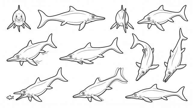 Ichthyosaurus Dinosaur Line Art Set - Prehistoric Marine Reptile Coloring Page Collection for Kids and Education