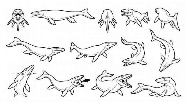 Mosasaurus Marine Reptile Vector Illustrations - Prehistoric Dinosaur Line Art Collection