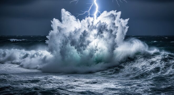 Powerful Lightning Strike Illuminates Crashing Ocean Wave During Storm